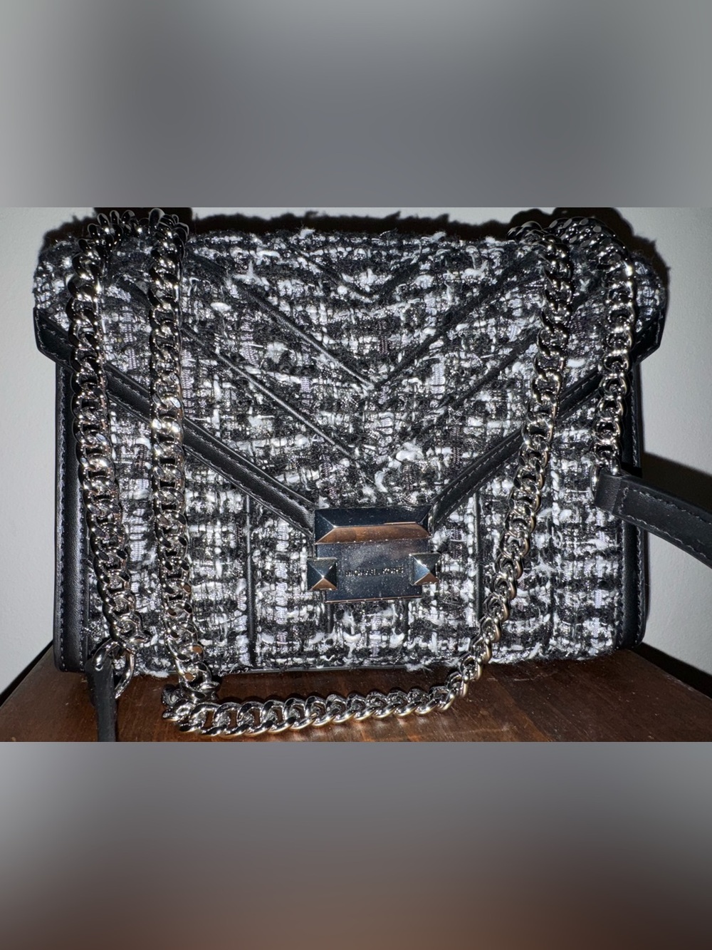 Michael Kors Black & White Tweed Chain Crossbody Bag
